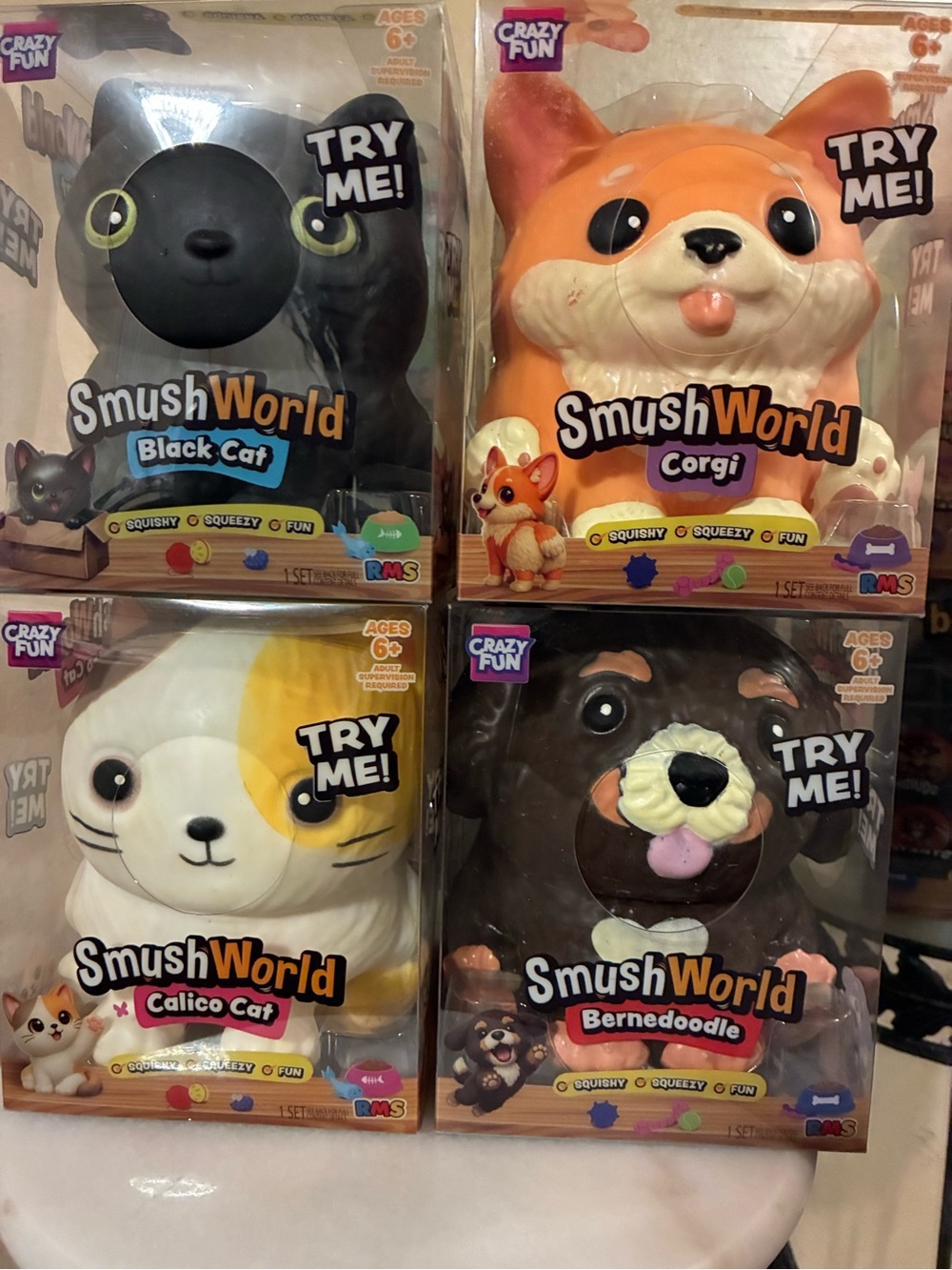 SmushWorld Viral Corgi, Calico, Bernedoodle & Black Cat Complete set of all 4